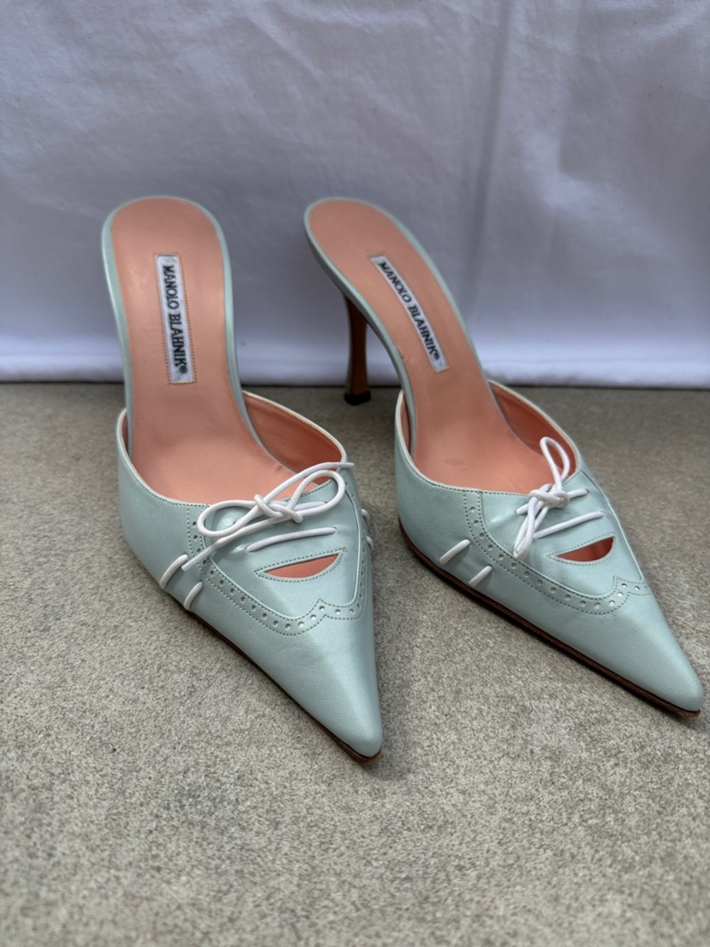 Manolo Blahnik Pale Mint Pointed Toe Lace-Accent Mules